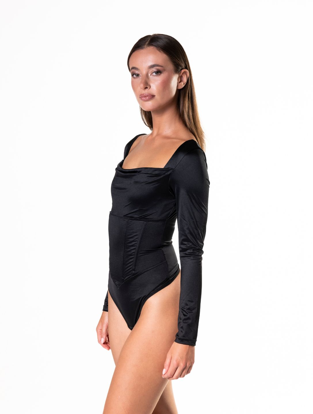 Elegant Satin Bodysuit with Graceful Waterfall Neckline