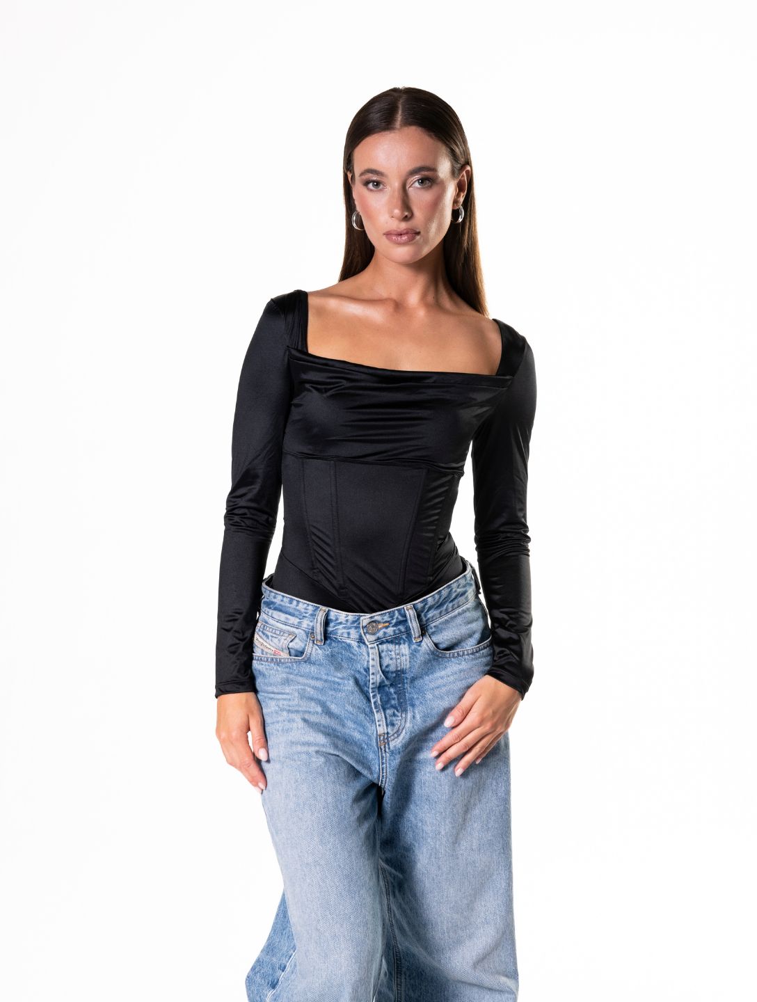 Elegant Satin Bodysuit with Graceful Waterfall Neckline