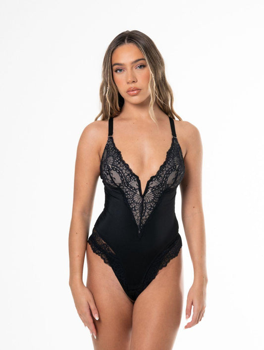 Chic V-Neck Bodysuit with Elegant Lace Accents